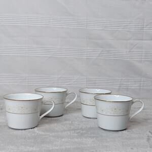 Set of 4 Vintage Noritake Dearest Pattern Teacups White Tan Floral w/ Gold Trim‎